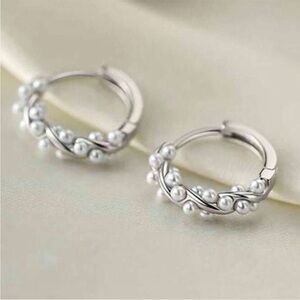 Anthropologie Silver Pearl Hoop Earrings